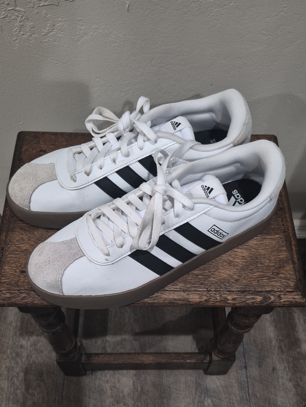 adidas White Sneakers with Black Stripes and Gum Sole